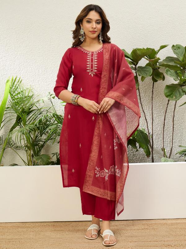 VP 9857 P Women’s Roman Silk Straight Kurta Pant with Chanderi Dupatta 3pc Set